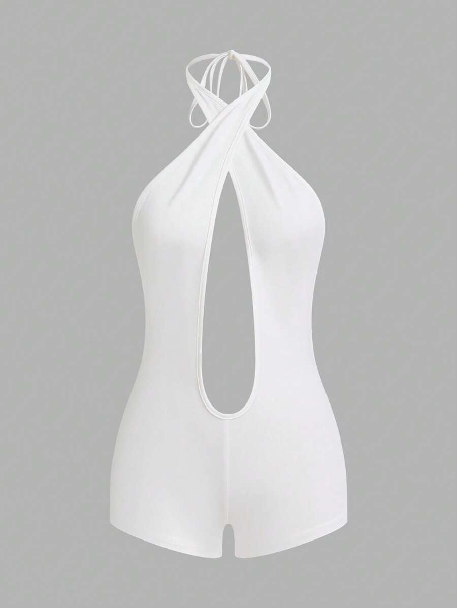 SHEIN ICON Criss-Cross Halter Neck Sexy Deep V Jumpsuit - White - View 1