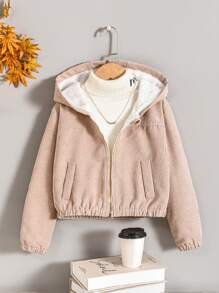 Tween 女童灯芯绒连帽加厚外套，短款休闲保暖秋冬外套 - 杏色 - 查看 1