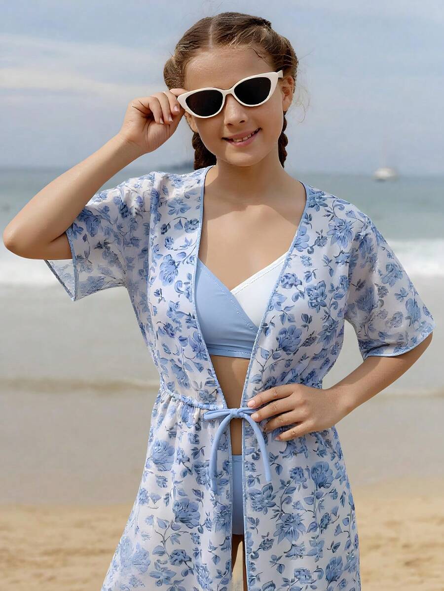 SHEIN 3 件套花卉印花比基尼套装，配和服开衫，撞色交叉设计，时尚休闲泳装 - 彩色 - 查看 1