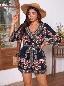 Breezaya Plus Size Women V-Neck Patterned Elegant Romper For Vacation/Daily Wear, Spring/Summer