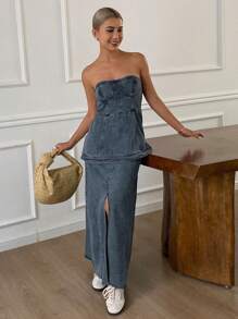 DAZY 做旧洗水吊带背心和牛仔开衩裙 2 件套 女式夏季 - 藍色 - 查看 6