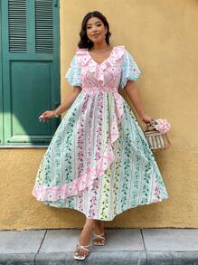 SHEIN Clasi Fashionable V-Neck Ruffle Puff Sleeve Vacation French Style Dress - Multicolor - View 7