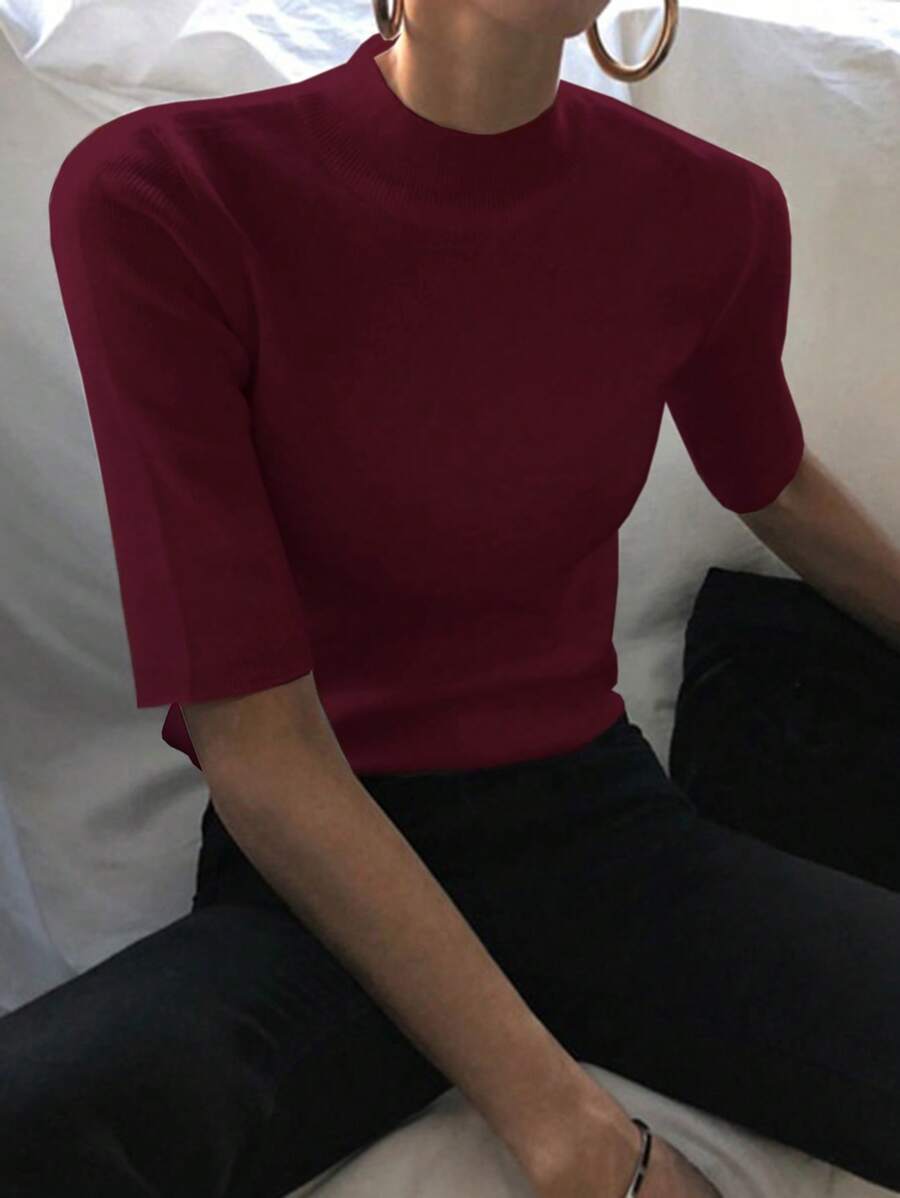 DAZY Women's Mock Neck Fitted Crop Sleeve Sweater - Red Violet - View 1