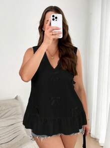 CosyJoli 大码女式无袖蝴蝶结 V 领设计休闲白色衬衫，时尚百搭日常穿着 - 黑色 - 查看 9