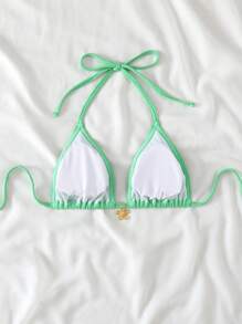 Swim Mod Beach Summer For Women, Textured Fabric Solid Color Women's Halter Triangle Bikini Top - Green - View 2