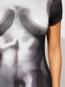 SHEIN SXY 春夏摇滚音乐节街头休闲西式装女款黑色高弹针织身体印花短袖紧身T恤上衣 - 彩色 - 查看 6