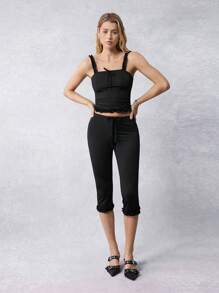 SHEIN EZwear Women Two Pieces Camisole Cropped Pants Contrast Lace Two-Piece Outfits - White - View 3
