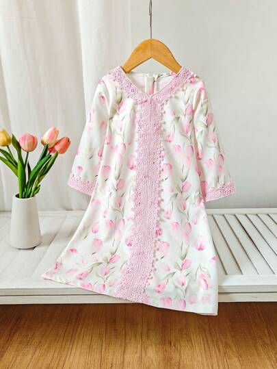 SHEIN رداء فضفاض طويل الأكمام للبنات الرضع والأطفال حديثي الولادة 0-3 سنوات، ذو تصميم أنيق وكاجوال باللون البنفسجي مع تشطيبة من الدانتيل، مناسب لكل الفصول