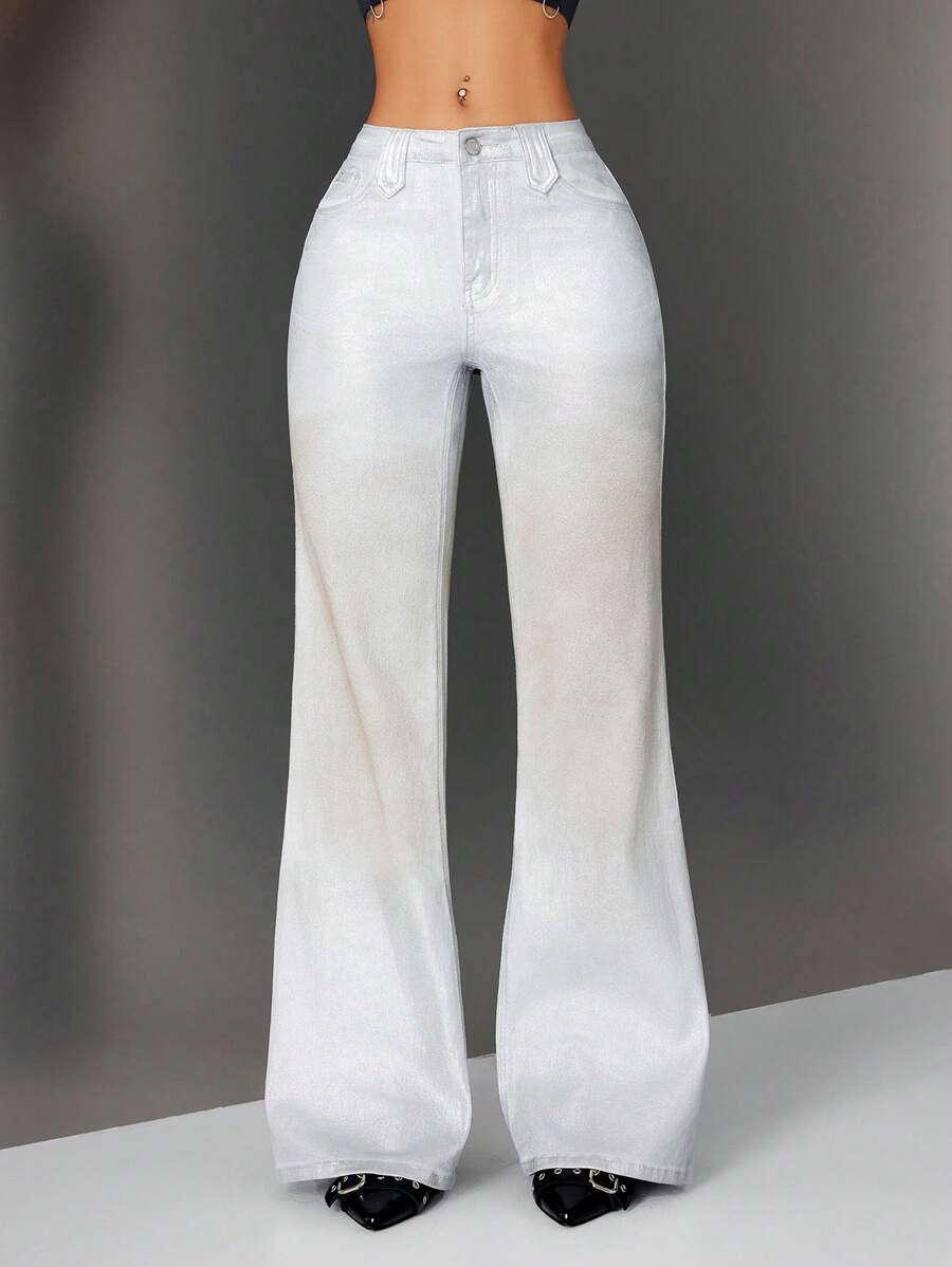 SHEIN ICON 女士纯色休闲牛仔裤，适合夏季 - 灰色 - 查看 1