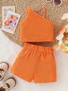 2 件套女婴休闲时尚日常百搭时尚橙色纯色舒适弹力贴身纹理针织不对称领口吊带背心上衣和宽松短裤 OOTD 服装，适合户外、度假、育儿活动或时尚摄影，春夏新品