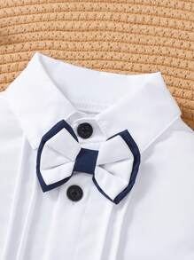 Bộ 3 món/bộ cho trẻ mới biết đi, trẻ sơ sinh, bé trai, mùa hè, tối giản, màu trơn, sọc tương phản, nơ bướm, áo sơ mi tay ngắn màu trắng cài nút đen & quần yếm có túi màu trơn, bộ trang phục thường ngày, thích hợp cho tiệc sinh nhật, đám cưới, ngày lễ, trường học, lễ rửa tội, trang phục cho bé trai, dây đeo quần, quần yếm, quần áo trẻ em, trang phục cho bé trai, quần đeo quần cho trẻ sơ sinh, áo sơ sinh, quần dài cho trẻ sơ sinh, 6 tháng-3 tuổi - Xanh đậm - Xem 6