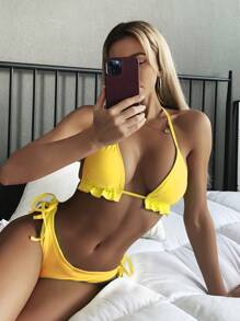 SHEIN Swim Women's Summer Beach Solid Color Halter Tied Sexy Yellow Bikini Swimwear Set