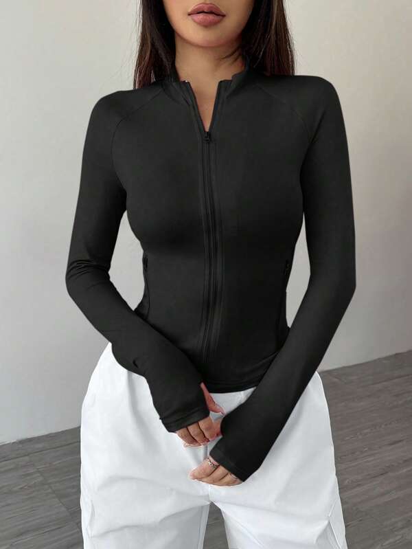 FavEase Women Front Zipper Long Sleeve Casual Plain Jacket, Spring/Autumn