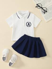 SHEIN 2 件女婴休闲套装：Polo 领短袖字母刺绣 T 恤 + A 字褶裙，春夏 - 彩色 - 查看 8