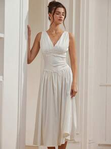 Aveloria Elegant & Romantic French Style Vintage Contrast Lace Sleeveless Waist-Cinched Midi Dress, Versatile For Wedding Season, Spring/Summer - White - View 6