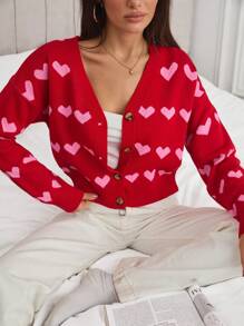 EURMUSE Women Hearth Pattern Front Button V-Neck Cardigan,Long Cardigans Woman,Petite Cardigans,Cardigans - Multicolor - View 2