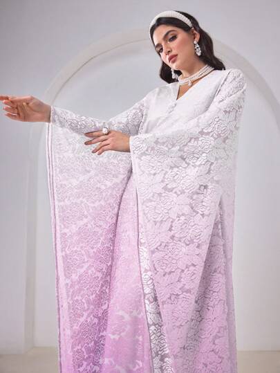 Al Najma 女士花卉蕾丝 V 领喇叭袖优雅阿拉伯风格连衣裙