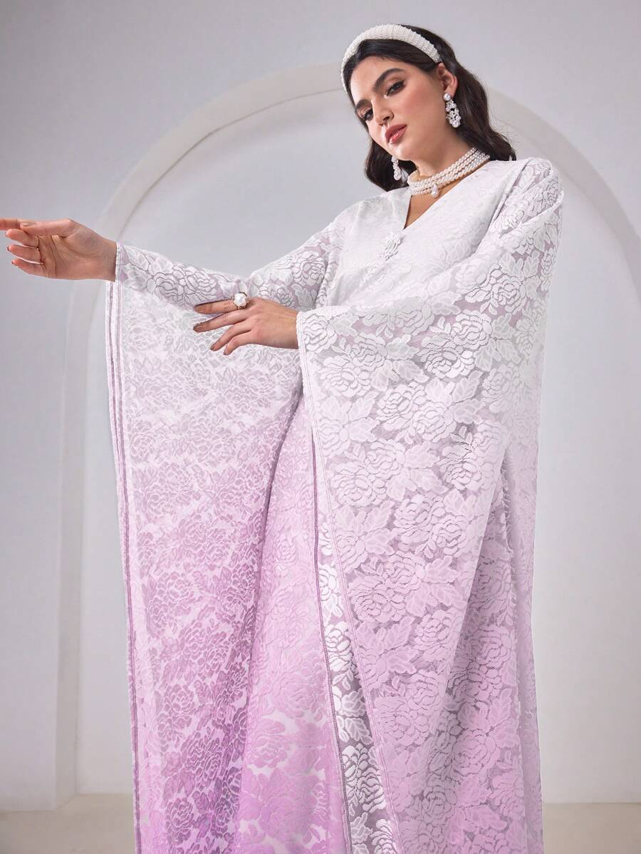 Al Najma 女士花卉蕾丝 V 领喇叭袖优雅阿拉伯风格连衣裙 - 粉色 - 查看 1