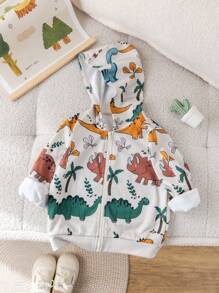 SHEIN Leap Crew Young Boys' Cute Cartoon Fun Cartoon Animal Dinosaur Long Sleeve Hooded Sweatshirt ,Suitable For Outdoor School, Garden, Beach, Birthday, Baby Shower Party, Fall/Winter - Khaki - View 6