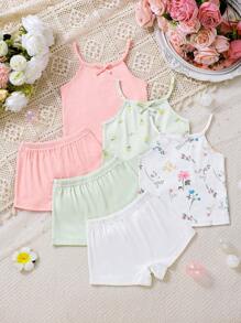 Young Girl Summer New Young Girls Minimalist Fresh Floral Print White Green Pink 3 Colors Suspender Top And Shorts 3pcs Set Clothes For Spring Summer - Multicolor - View 1