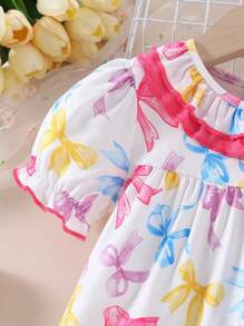 Baby Girl Candy Print Contrast Ruffled Neck Nightgown Loungewear