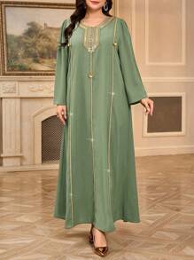 Al Najma Tunique femme grande taille à col en V avec motif doré et ceinture, ainsi qu'une longue robe traditionnelle arabe, Caftan modeste