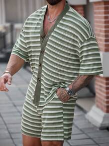 Manfinity RSRT Manfinity Nomadique Men's Contrast Striped Single Breasted Short Sleeve Shirt Drawstring Shorts Set