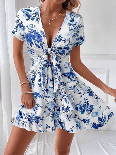 SHEIN VCAY Women's Floral Print Front Knot Short Sleeve Casual Dress
