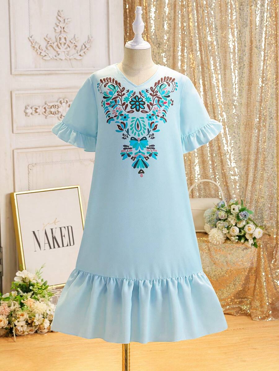 Gaun Liburan Pantai Motif Bunga Vintage Baru untuk Anak Perempuan Remaja Musim Panas - Biru - View 1
