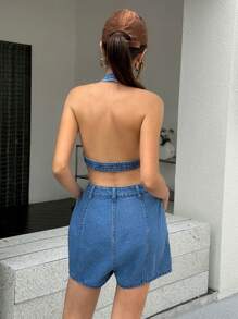 SHEIN EZwear Peto vaquero de moda para mujer con tirantes, diseño sencillo adecuado para el verano