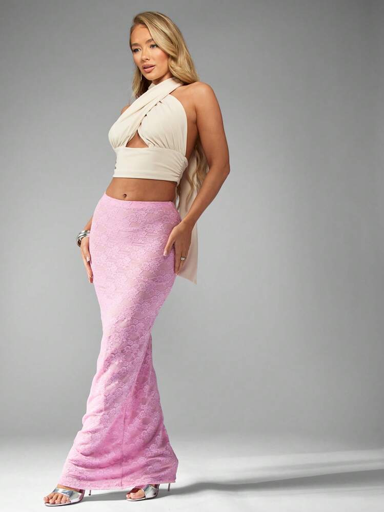 MISSGUIDED Luxury Maxi Lace Skirt Evening Party Wedding Occasion Full Length Form-Fitting Pink Summer Formal Elegant High Waist Side Cut-Out Detail Bridesmaid Dress - Dusty Pink - View 6