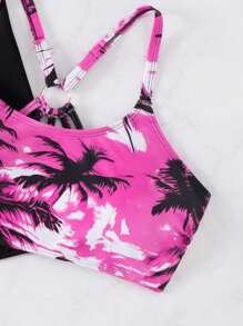 SHEIN Ensemble plage été 3 pièces pour femmes : Débardeur imprimé arbre de palme aléatoire, paréo transparent de couleur unie, slip de bikini de couleur unie. Élégant maillot de bain bikini - Multicolore - Voir 7