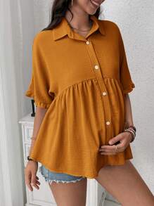 SHEIN Maternity Solid Color Batwing Sleeve Single-Breasted Ruffle Casual Shirt