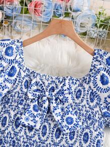 Jugendlicher Vintage-Stil blaues gerafftes Puff-Ärmeln Kleid mit Schleifendekor und Muster