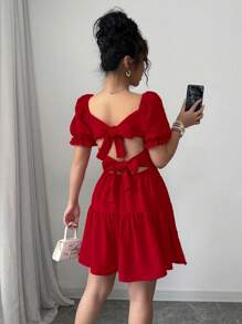 SHEIN Holidaya Vestido con volantes en el bajo, espalda descubierta y lunares para Año Nuevo, vacaciones y atuendos de playa para mujer - Rojo - Ver 5