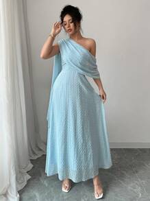 Rafferiza Women's Asymmetric Neckline & Shoulder Sheer Textured Chiffon Flared Hem Maxi Dress, Blue, Spring/Summer - Baby Blue - View 1