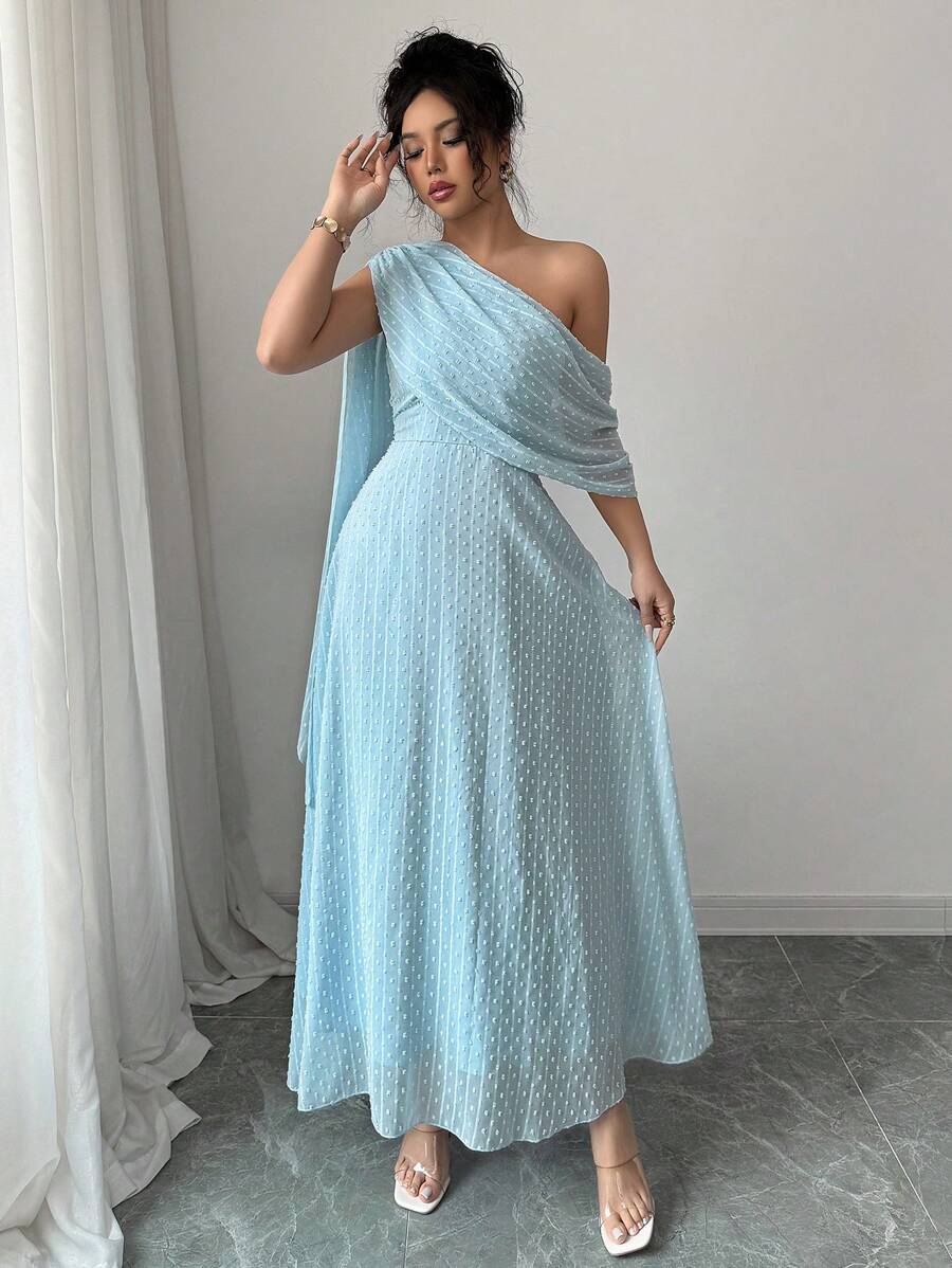Rafferiza Women's Asymmetric Neckline & Shoulder Sheer Textured Chiffon Flared Hem Maxi Dress, Blue, Spring/Summer - Baby Blue - View 1