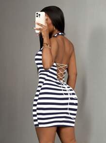 Slaydiva Striped Halter Neck Sleeveless Mini Dress, Summer