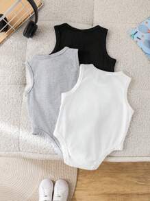 SHEIN Set de 3 piezas de pelele sin mangas de punto unisex para bebé, negro/blanco/gris