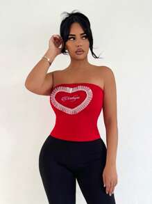 SHEIN SXY Summer Valentine's Day Sexy Heart Shaped Ribbon Embroidered Letter Camisole Top - Red - View 6