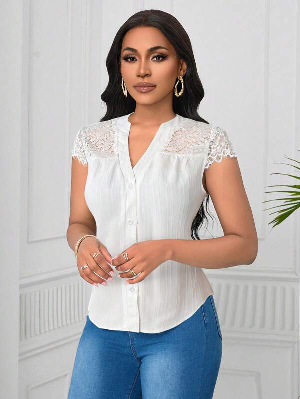 SHEIN LUNE Cămașă elegantă de damă cu mânecă scurtă cu dantelă și dungi ondulate
