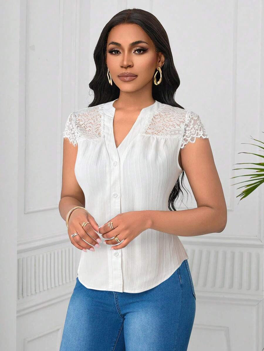 Lunelith SHEIN Lunessa 优雅蕾丝与波浪条纹图案短袖女式衬衫
