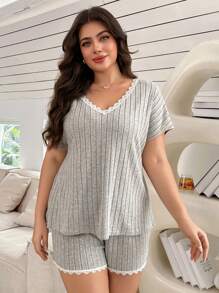 SHEIN Ribbed Contrast Lace Batwing Sleeve Plus Size Lounge Pajama Set For Women Short Sets, Outfits - Apricot - View 3