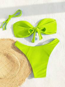 SHEIN Swim Bộ đồ bơi nữ - Áo Bandeau không dây màu trơn và quần bikini tam giác - Màu xanh chanh - Xem 2