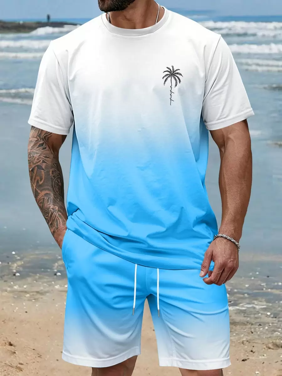 ResortEase Men Plus Size Casual Holiday Coconut Tree Gradient Print Short Sleeve T-Shirt & Shorts Set, Beach Wear