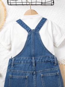 Young Girls Distressed Denim Overalls & Jumpsuits, Pentagram Embroidery Casual Washed Rompers, Stylish And Versatile - Medium Wash - View 4