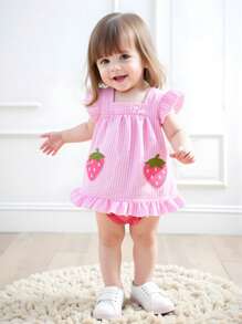 SHEIN Baby Girl Cute Strawberry Embroidered Pink Textured Gingham Sleeveless Top And Pink Ruffle Hem Shorts Set, Suitable For Spring/Summer Outdoor Or Everyday Wear