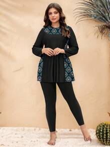 SHEIN Swim Curve 2pcs/Set Plus Size Women Modest Vacation Retro Printed Splicing Long Sleeve Pullover And High Waist Pants Burkini Swimwear