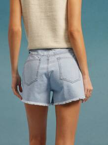 WESTFADE High Rise Spring Striped Curved Split Distressed Hem Relaxed Western Denim Jeans Shorts Summer Beach Vacation - Light Wash - View 4