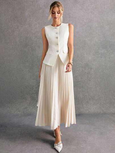 Poéselle 女士优雅杏色无袖粗花呢上衣和褶皱中长裙套装，包含一件饰有仿珍珠纽扣的无袖粗花呢背心和一条褶皱中长裙。这款精致的杏色套装散发着法式假日优雅气息，适合正式场合和约会等外出活动，以及秋冬季两件套造型。